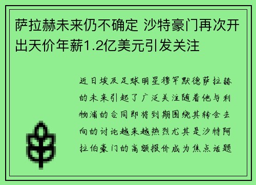 萨拉赫未来仍不确定 沙特豪门再次开出天价年薪1.2亿美元引发关注 萨拉赫未来仍不确定 沙特豪门再次开出天价年薪1.2亿美元引发关注